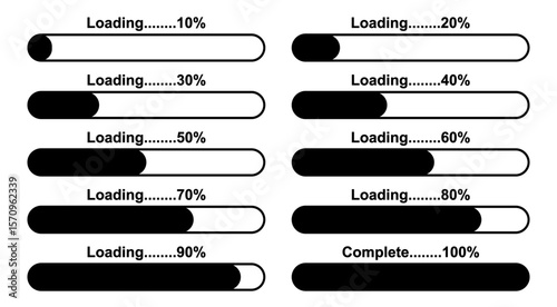 vector modern black loading bar on white background. Set of Loading, uploading, downloading status bar icons illustration.