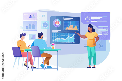 Diverse team collaborates on financial data analysis during a business presentation with charts and graphs