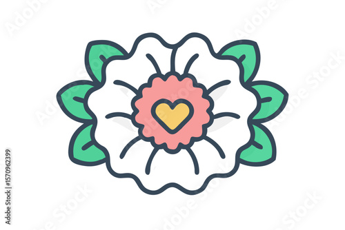 Stylized black flower with pink center and yellow heart surrounded by green leaves