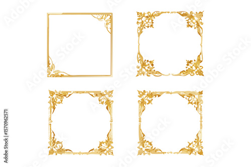 Collection of four ornate golden decorative borders and frames with floral elements on black background