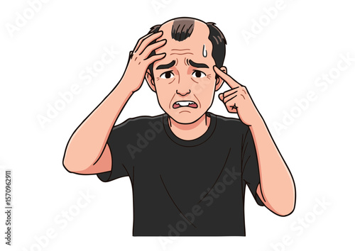 Worried Cartoon Man Touching Balding Head with Sweat – Hair Loss Anxiety, Male Pattern Baldness, and Aging Concern Concept in Flat Vector Style Illustration