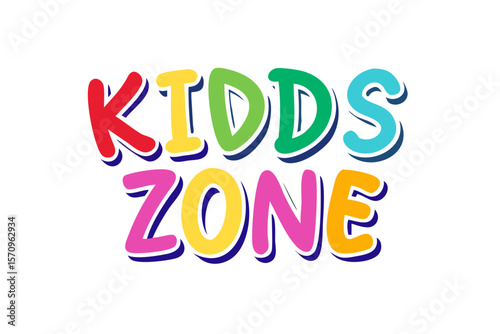 Colorful kidds zone text with playful 3d shadow effect on a black background