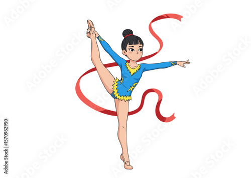 Cartoon Girl Performing Rhythmic Gymnastics with Red Ribbon – Athletic Pose, Flexibility, Graceful Movement, and Competitive Gymnast in Leotard – Flat Vector Illustration