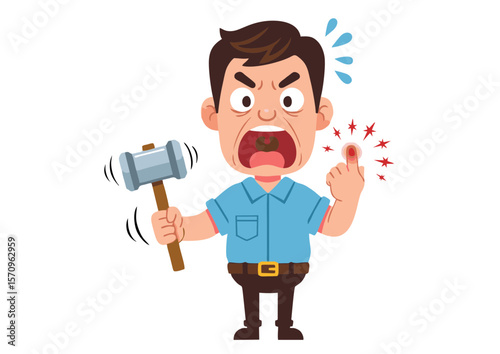 Cartoon Man Accidentally Hitting His Finger with Hammer – Angry and Painful Expression, DIY Injury, Home Repair Accident, Safety Hazard Concept in Flat Vector Illustration Style