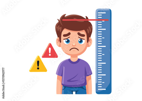 Sad Cartoon Boy Standing Next to Height Measurement Ruler with Warning Signs – Concept of Child Growth Problem, Short Stature, Pediatric Concern, and Health Alert in Flat Vector Illustration Style