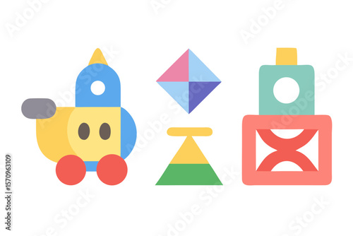 Colorful geometric shapes and toys arranged in a playful composition on a black background