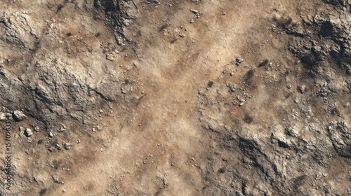 Top view of dry rocky dirt texture with crisscrossed path lines, ideal for 3D game level design, desert environment maps and terrain material references