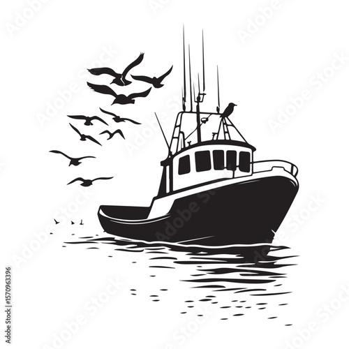 Commercial Fishing Boat Silhouette Illustration Seagulls Flying Maritime Scene 
