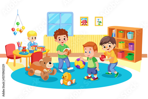 Four happy cartoon children playing with toys in a bright colorful playroom