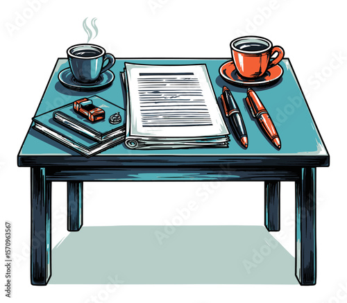 Coffee Table with Documents and Pens in a Vibrant Vector Illustration