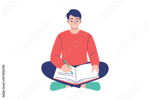 A young man sits cross-legged on the floor, focused on writing or drawing in a notebook, illustrating concepts of studying, journaling, and creativity.