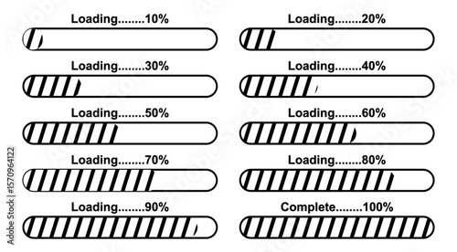 vector modern black loading bar on white background. Set of Loading, uploading, downloading status bar icons illustration.