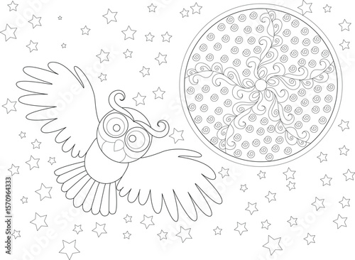 Charming owl flying at night with a full moon and stars, a delightful black and white line art illustration for coloring.