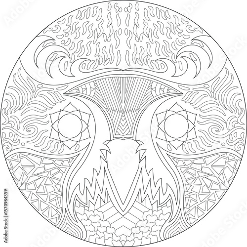 Intricate Night Owls Mandala Line Art Illustration for Adult Coloring Books, Meditation, Relaxation, and Zen Art Designs. Detailed Abstract Owl Symbol in a Circular Pattern.