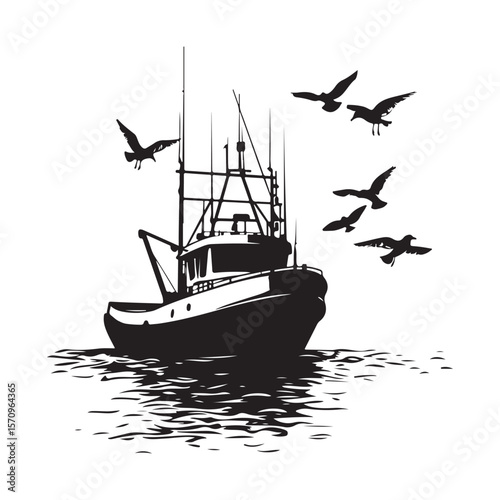 Commercial Fishing Boat Silhouette Illustration Seagulls Flying Maritime Scene 