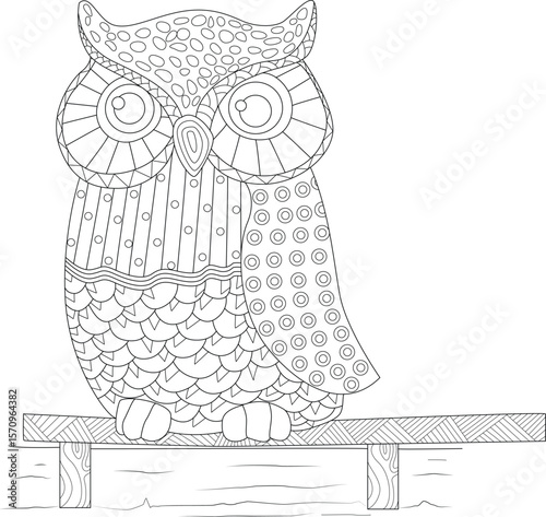 Detailed Zentangle-style owl illustration, perfect for adult coloring books, mindful relaxation, and creative art projects. Ornate nocturnal bird on branch.