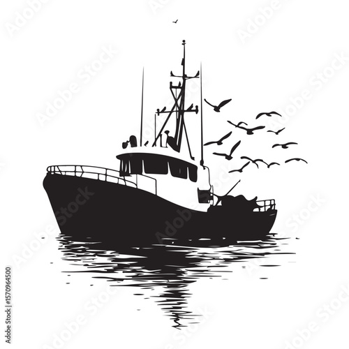 Commercial Fishing Boat Silhouette Illustration Seagulls Flying Maritime Scene 