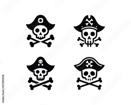 Pirate skull icons set jolly roger symbols in vector