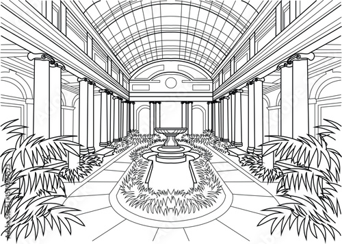 Detailed black and white line drawing of a neoclassical interior space, featuring a grand fountain, colonnade, and skylight.