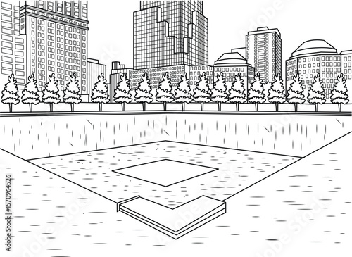 Iconic New York City skyline with a baseball field in the foreground, rendered in clean, minimalist black and white line art. Ideal for urban sports concepts.