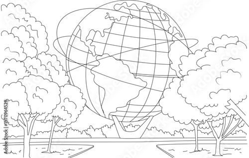 Black and white vector line art of the Unisphere globe in New York's Flushing Meadows Park, an iconic global landmark.