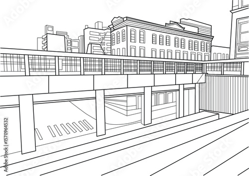 Monochrome hand-drawn cityscape of New York, showcasing architectural details and city life, ideal for coloring books or graphic design.