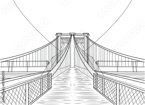 Detailed Line Drawing of the Brooklyn Bridge. New York City Landmark Architecture Illustration for Coloring.