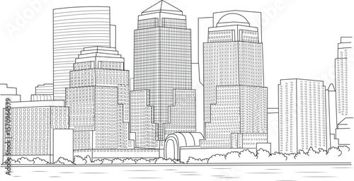 Detailed line art illustration of the iconic New York City skyline, featuring prominent Manhattan skyscrapers and buildings with abstract representation of waterfront and urban parkland.