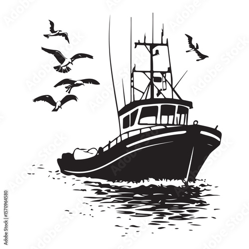Commercial Fishing Boat Silhouette Illustration Seagulls Flying Maritime Scene 