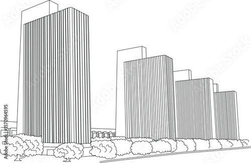 Abstract black and white line drawing depicting modern urban buildings and surrounding foliage, reflecting the timeless New York cityscape.
