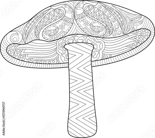 Intricate Zentangle Mushroom Line Art Illustration for Coloring Books, Adult Coloring Pages, and Creative Projects. Detailed Hand-Drawn Fungi with Abstract Patterns on White Background.
