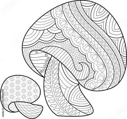 Artistic black and white line art featuring two mushrooms adorned with intricate Zentangle patterns, ideal for coloring.