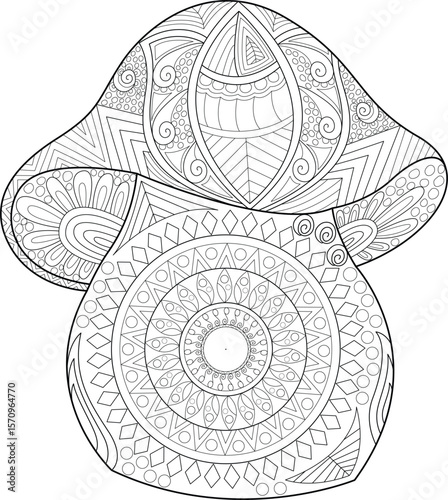 Intricate Zentangle Mushroom Coloring Page for Adults - Detailed Fungi Illustration with Mandala-Inspired Patterns, Black and White Line Art for Relaxation and Creativity