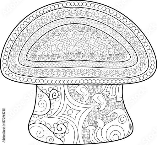 Black and white line art mushroom with complex patterns, ready for coloring. Detailed vector illustration for adult coloring books and creative projects.