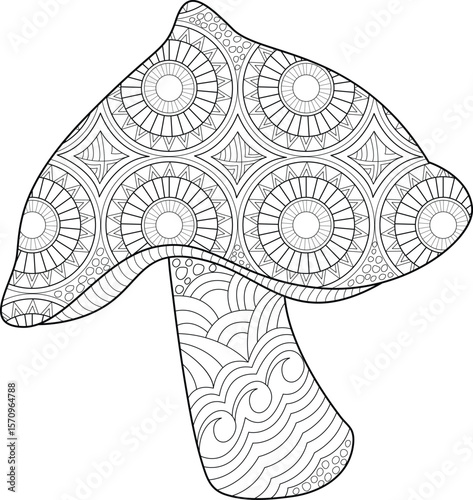 Intricate Mandala Mushroom Line Art Illustration for Adult Coloring Books. Detailed Zen Doodle Patterned Fungi Design Perfect for Relaxation, Creative Projects, and Nature-Inspired Decor.