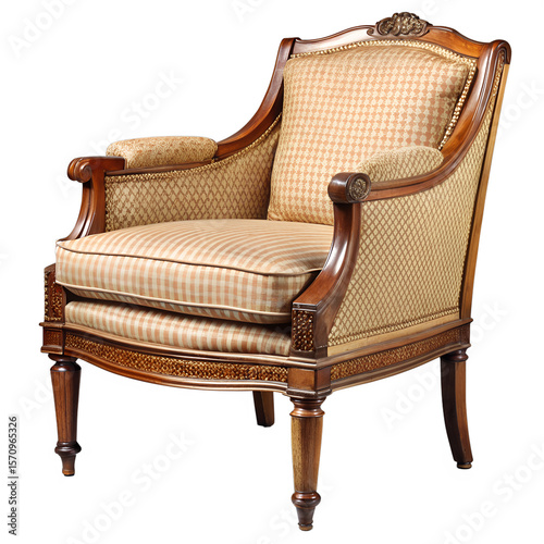 Elegant Armchair in Exquisite Detail: Showcasing a meticulously crafted antique armchair, exuding classic charm with its ornate wooden frame, patterned upholstery, and graceful curves. 