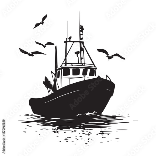 Commercial Fishing Boat Silhouette Illustration Seagulls Flying Maritime Scene 