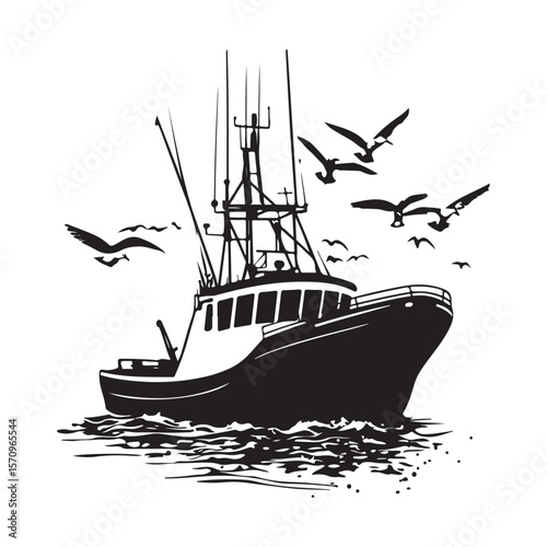Commercial Fishing Boat Silhouette Illustration Seagulls Flying Maritime Scene 