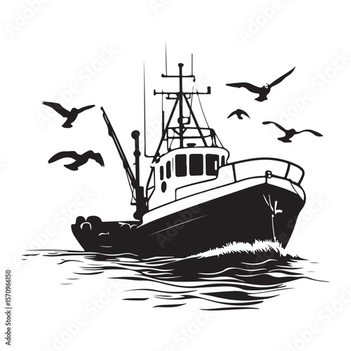 Commercial Fishing Boat Silhouette Illustration Seagulls Flying Maritime Scene 