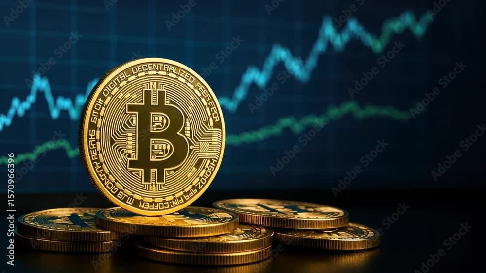 A stack of gleaming bitcoin coins in the foreground, with a digital financial graph in the background, reflecting blockchain technology and the dynamic nature of crypto innovation