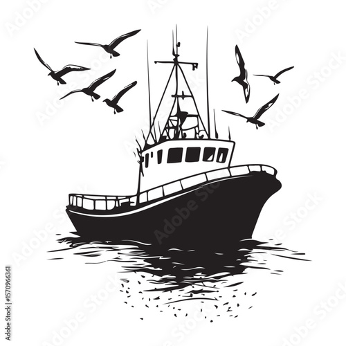 Commercial Fishing Boat Silhouette Illustration Seagulls Flying Maritime Scene 
