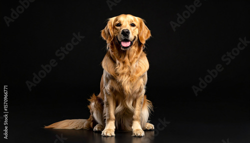 the image features a medium sized dog with light brown fur sitting upright. the dog is centered on a dark background. the dog's mouth is slightly open. its fur is slightly long and wavy