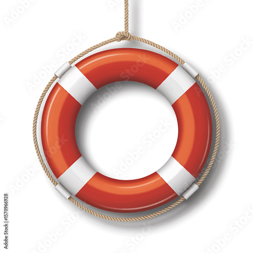 Bright orange and white life preserver ring hanging by a rope