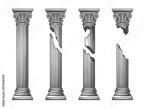 Classical Columns A Black and White Architectural Illustration of Intact and Broken Pillars