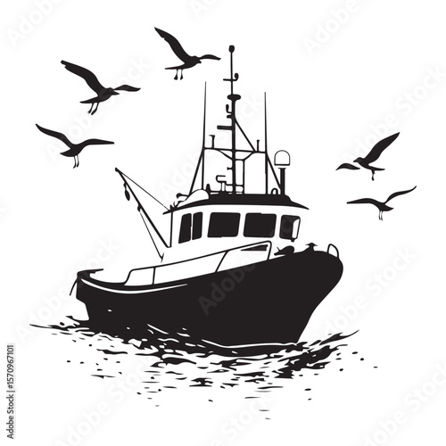 Commercial Fishing Boat Silhouette Illustration Seagulls Flying Maritime Scene 