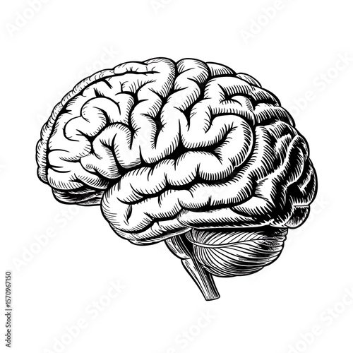 Detailed black and white illustration of a human brain in profile view