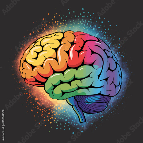 Colorful cartoon illustration of a human brain with distinct lobes in rainbow colors