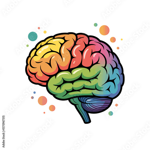 Colorful cartoon illustration of a human brain with distinct lobes in rainbow colors