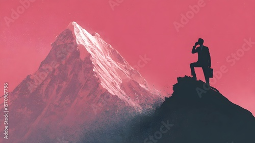 Businessman on phone with mountain in background, suggesting balance and freedom.