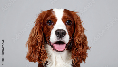 the image shows a close up portrait of a dog against a simple background. the dog's face, the main subject, is presented head on, with a mix of brown and white fur coloring its coat